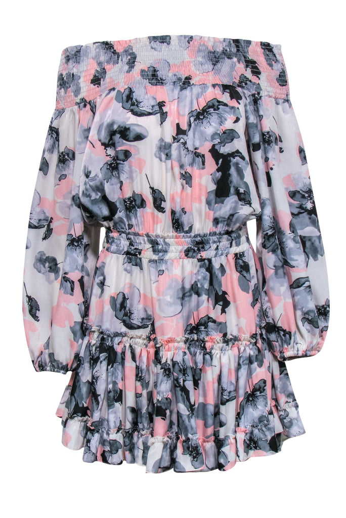 MISA Los Angeles - Pink, Grey & Black Floral Off-the-Shoulder Tiered Dress  Sz M