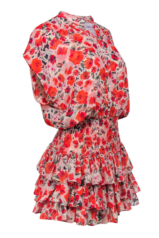 Current Boutique-MISA Los Angeles - Pink & Red Floral Print Cap Sleeve Ruffled Dress Sz S