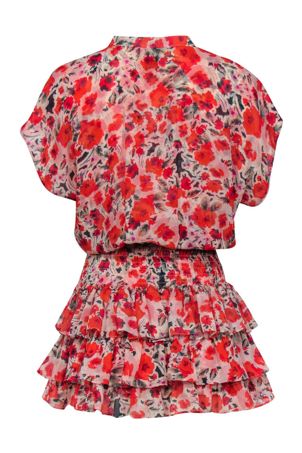 Current Boutique-MISA Los Angeles - Pink & Red Floral Print Cap Sleeve Ruffled Dress Sz S