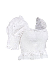 Current Boutique-MISA Los Angeles - White Eyelet Puff Sleeve Cropped Blouse Sz M