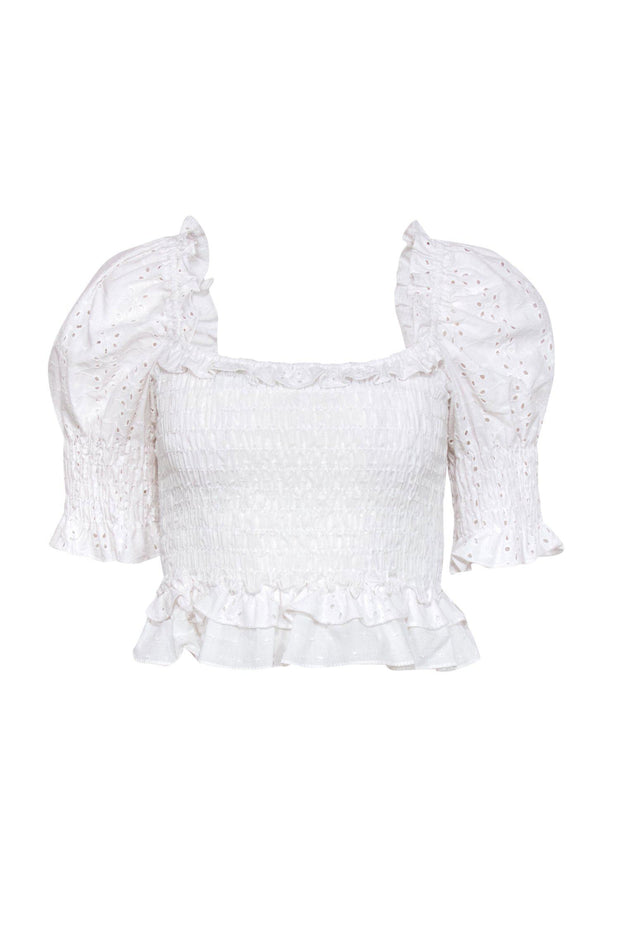 Current Boutique-MISA Los Angeles - White Eyelet Puff Sleeve Cropped Blouse Sz M