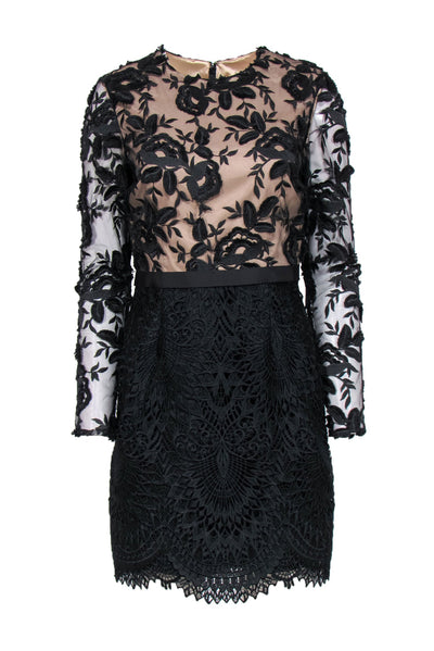 Current Boutique-ML Monique Lhuillier - Black Floral Lace Sheath Dress w/ Nude Underlay Sz 8