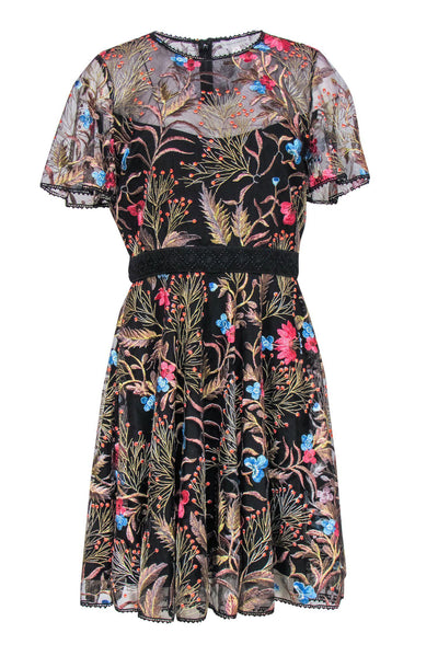 Current Boutique-ML Monique Lhuillier - Black & Multicolored Floral Embroidered Fit & Flare Dress Sz 10