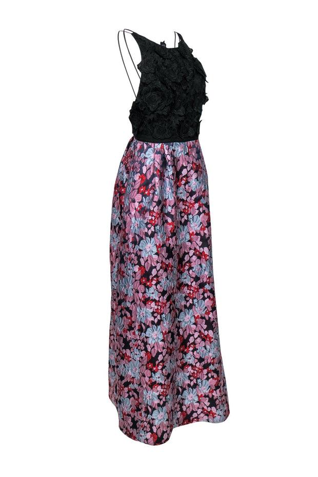 Current Boutique-ML Monique Lhuillier - Black & Multicolored Floral Print Textured Gown w/ Appliques Sz 10