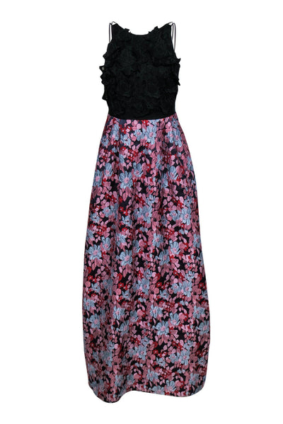 Current Boutique-ML Monique Lhuillier - Black & Multicolored Floral Print Textured Gown w/ Floral Appliques Sz 2