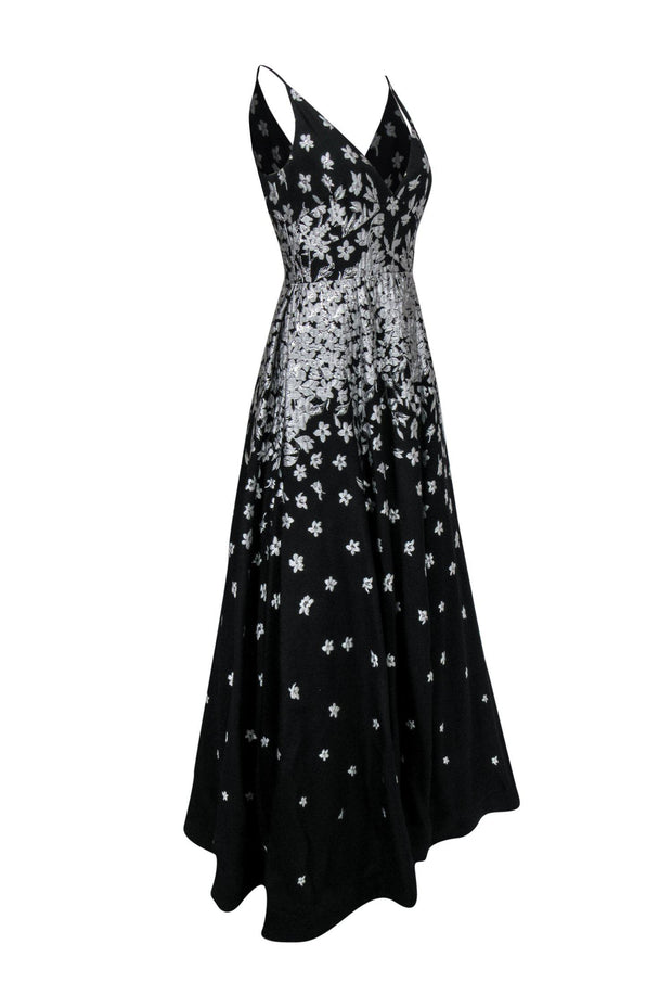 Current Boutique-ML Monique Lhuillier - Black & Silver Floral Print Sleeveless Gown Sz 4