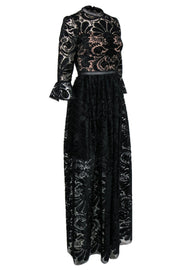 Current Boutique-ML Monique Lhuillier - Black Velvet Lace Ruffle Sleeve Gown Sz 6
