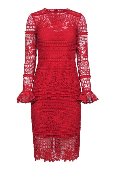 Current Boutique-ML Monique Lhuillier - Red Lace Midi Sheath Dress w/ Ruffled Cuffs Sz 0