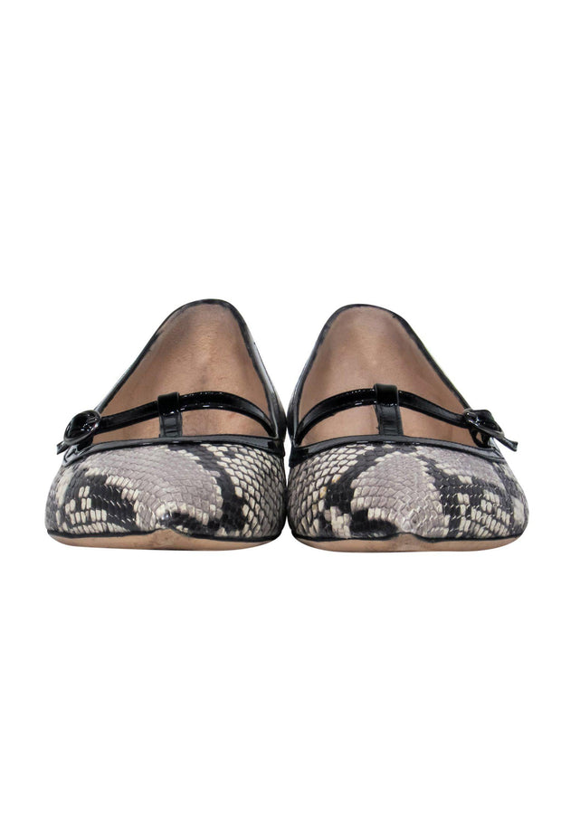Current Boutique-M. Gemi - Gray Snakeskin & Patent Leather T-Strap Pointed Toe Flats Sz 7