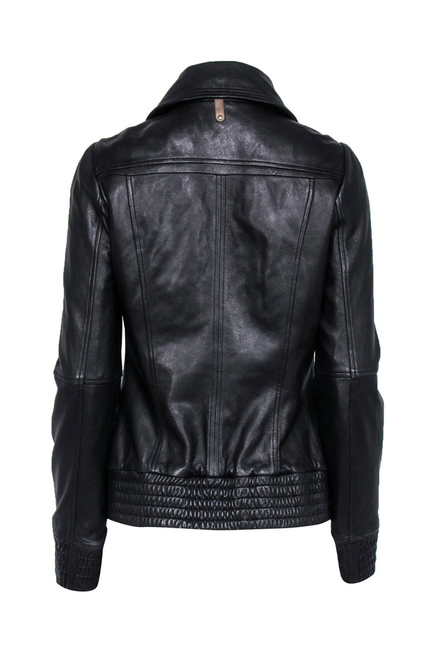 Current Boutique-Mackage - Black Lambs Leather Jacket w/ Gathered Hem and Collared Neckline Sz M