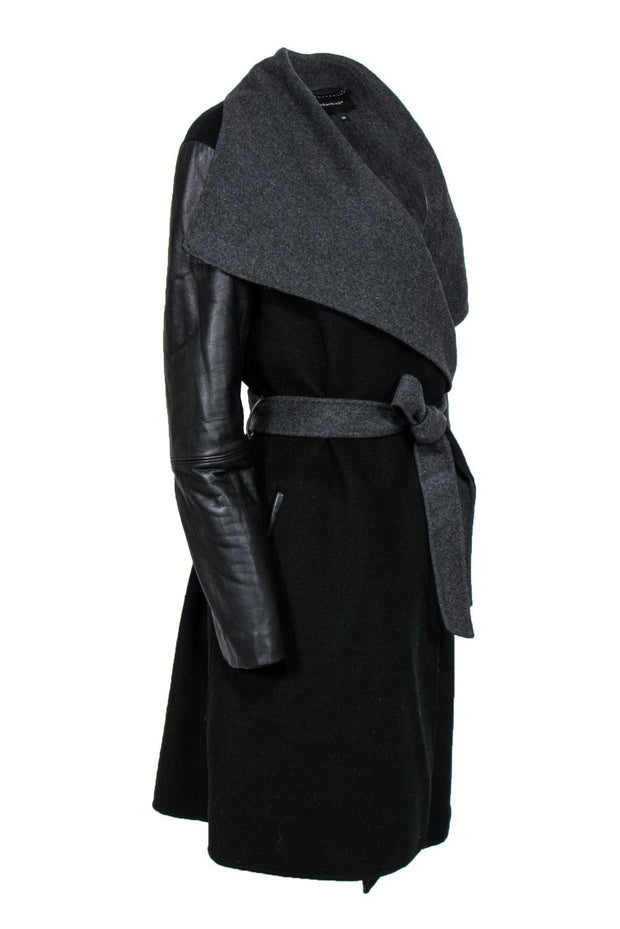 Current Boutique-Mackage - Black Longline Wool Blend Coat w/ Leather Trim Sz L