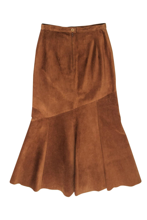 Current Boutique-Madeleine - Brown Suede Maxi Skirt w/ Asymmetrical Flounce Hem Sz 8