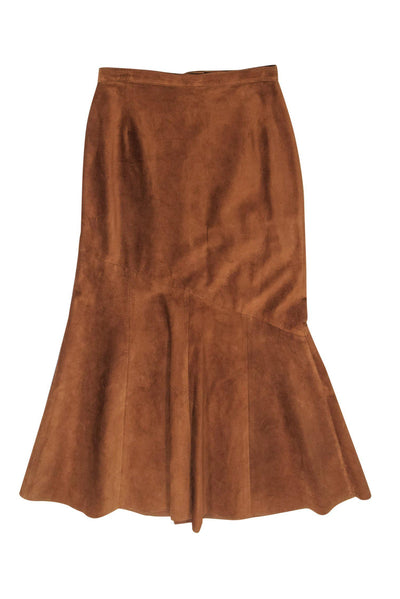 Current Boutique-Madeleine - Brown Suede Maxi Skirt w/ Asymmetrical Flounce Hem Sz 8