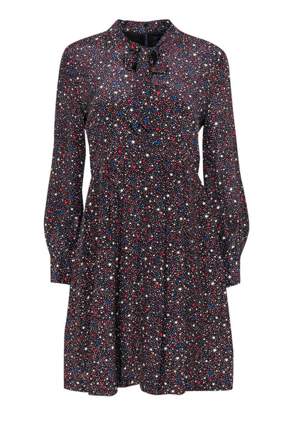 Current Boutique-Madewell - Black & Multicolor Star Print Silk Sheath Dress w/ Necktie Sz 4