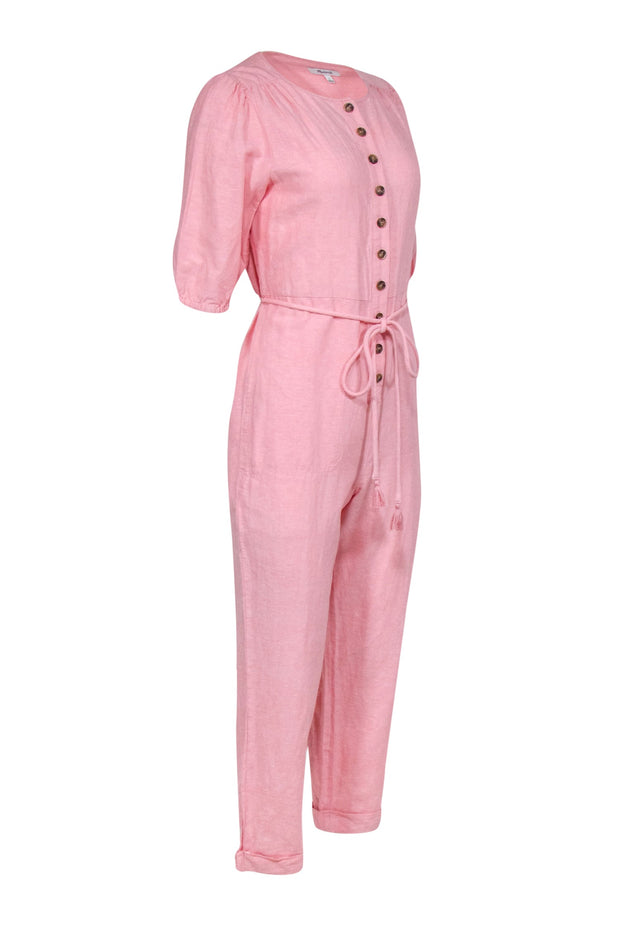 Current Boutique-Madewell - Bubblegum Pink Linen & Cotton Puff Sleeve Tassel-Tie Jumpsuit Sz S