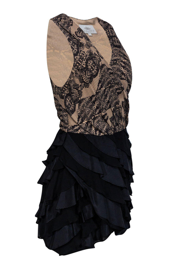 Current Boutique-Madison Marcus - Beige & Black Lace Print Dress w/ Ruffle Skirt Sz S