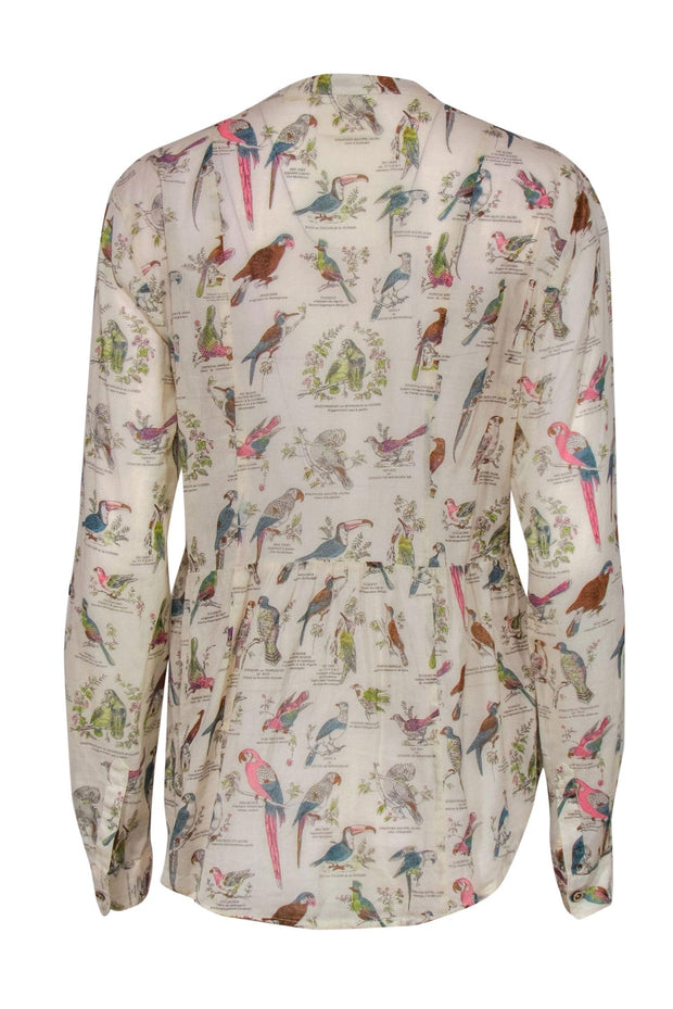 Current Boutique-Maeve - Beige & Multicolor Bird Print Long Sleeve Button-Up Blouse Sz 10