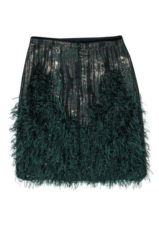 Current Boutique-Maeve - Black & Green Pencil Skirt w/ Feathers & Metallic Fringe Sz 8