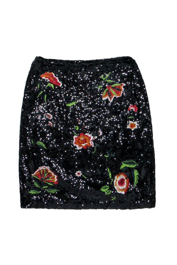 Current Boutique-Maeve - Black Sequin Floral Embroidered Pencil Skirt Sz 8