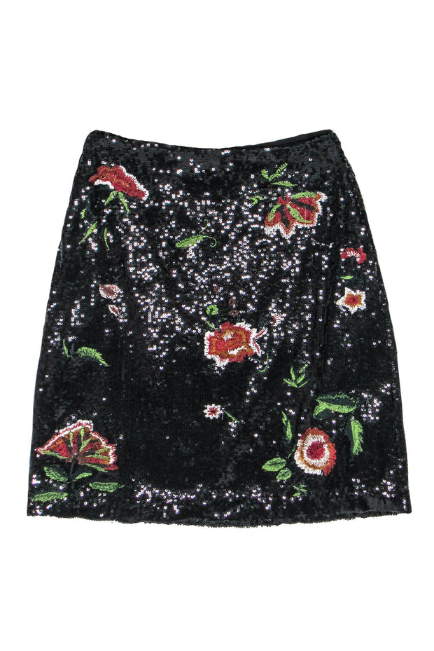 Current Boutique-Maeve - Black Sequined Pencil Skirt w/ Floral Embroidery Sz 4