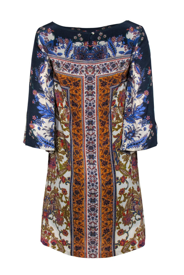 Current Boutique-Maeve - Blue, Orange & Cream Bohemian Print Silk Shift Dress Sz 4