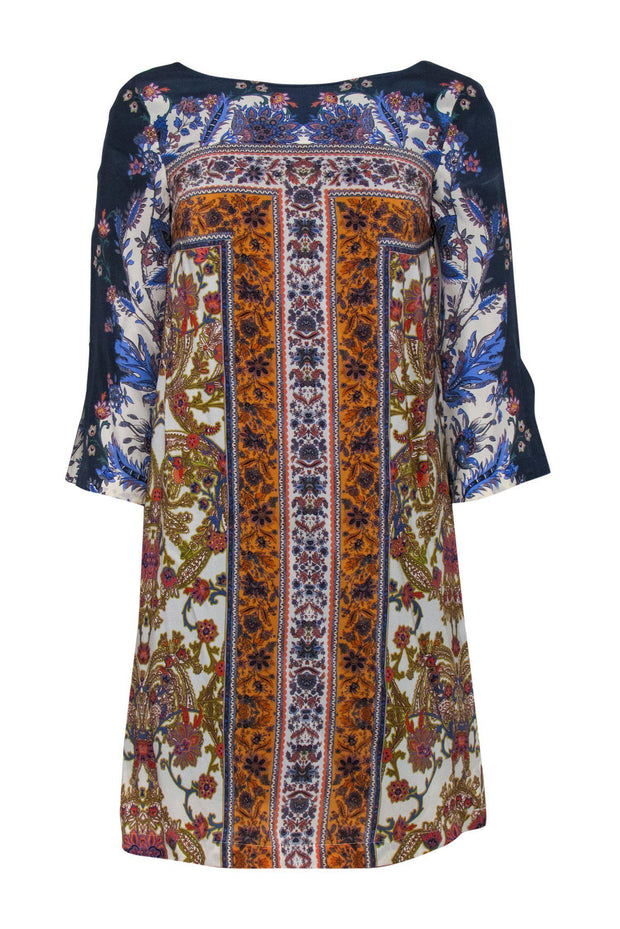 Current Boutique-Maeve - Blue, Orange & Cream Bohemian Print Silk Shift Dress Sz 4