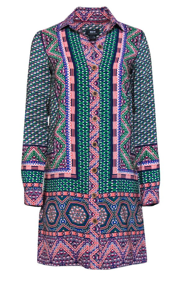 Current Boutique-Maeve - Green & Multicolor Print Button-Up Silk Shirtdress Sz 0