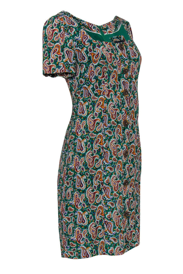 Current Boutique-Maeve - Green Paisley Button-Front Short Sleeve Dress Sz 8