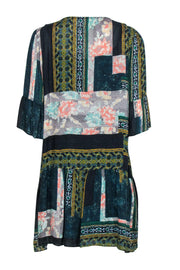 Current Boutique-Maeve - Green Patchwork Printed Lace Trim Shift Dress Sz M