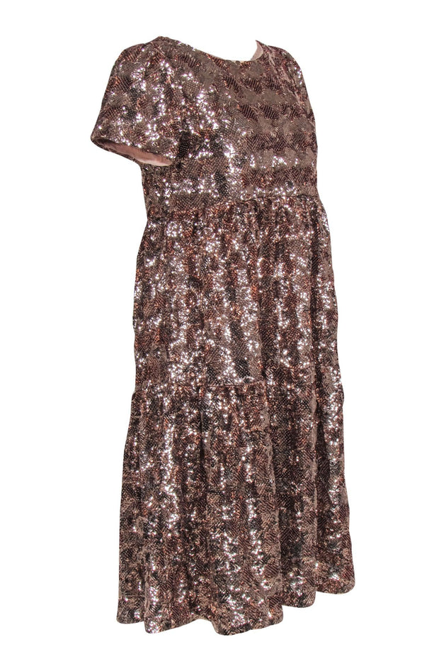 Current Boutique-Maeve - Light Pink Sequin Short Sleeve Tiered Midi Dress Sz XSP