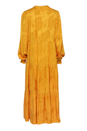Current Boutique-Maeve - Mustard Yellow Floral Embossed Tiered Maxi Dress w/ Necktie Sz L
