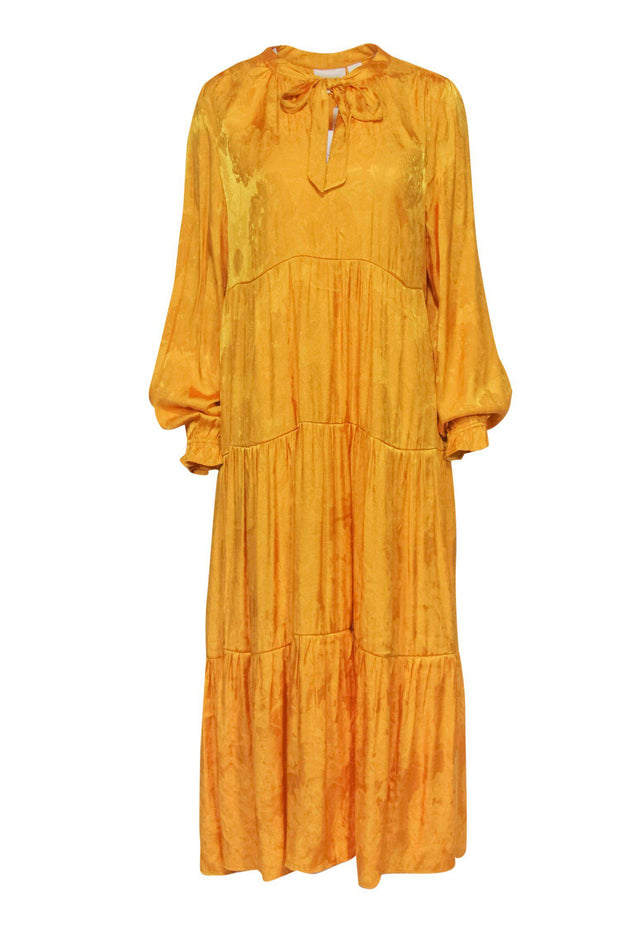 Current Boutique-Maeve - Mustard Yellow Floral Embossed Tiered Maxi Dress w/ Necktie Sz L
