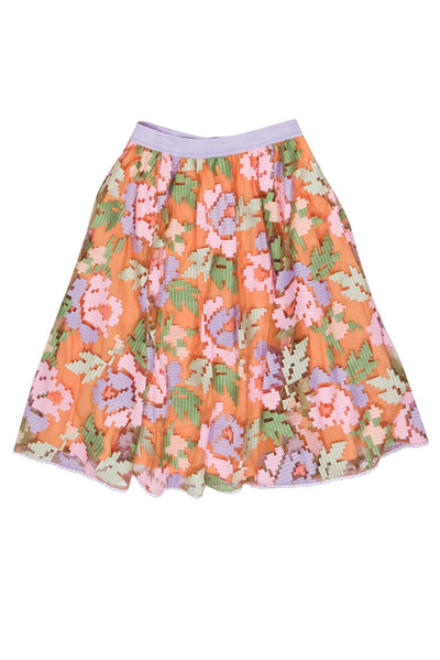Current Boutique-Maeve - Peachy Pink Cross-Stitched Floral Midi Skirt Sz XS
