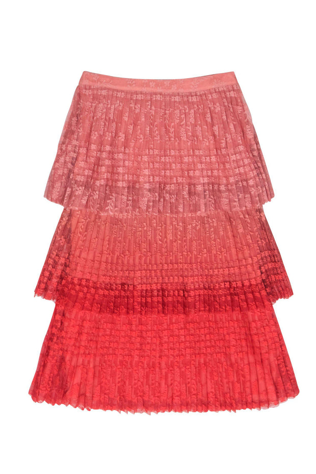 Current Boutique-Maeve - Pink & Red Ombre Floral Jacquard Tiered Pleated Midi Skirt Sz 8