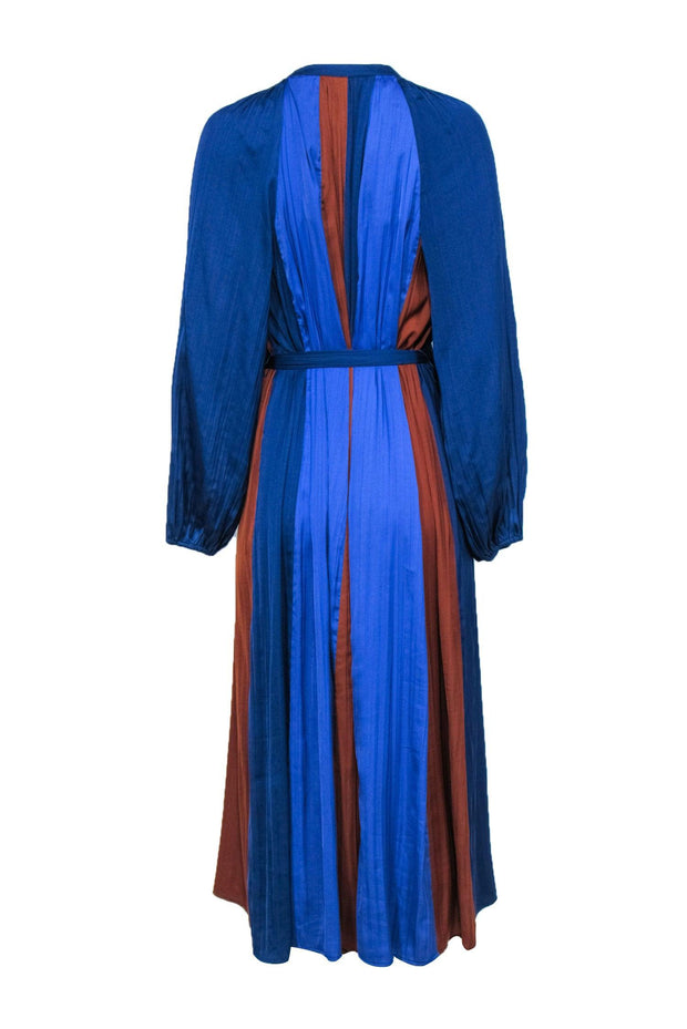 Current Boutique-Maeve - Purple, Brown & Navy Satin Puffed Sleeve Maxi Dress Sz M