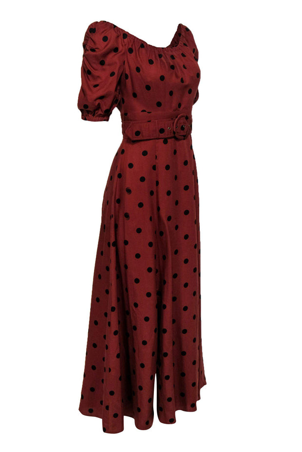 Current Boutique-Maeve - Rust Polka Dot Midi Belted Dress w/ Puff Sleeves Sz 2