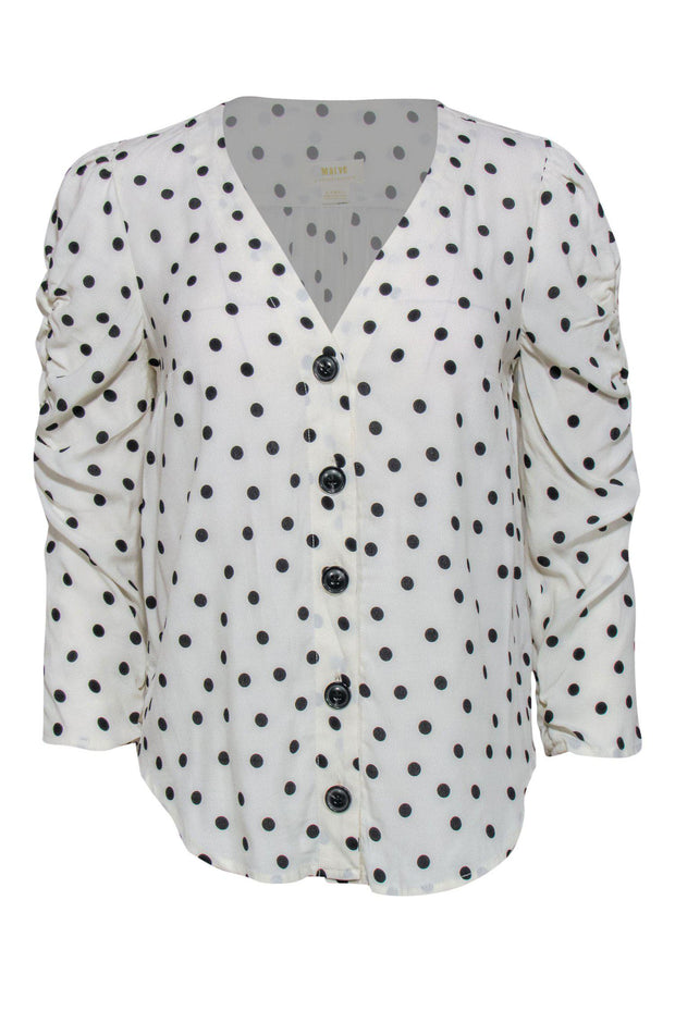 Current Boutique-Maeve - White Polka Dot Button-Up Blouse w/ Ruched Sleeves Sz XS