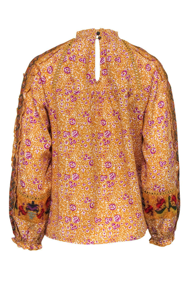 Current Boutique-Maeve - Yellow, Purple & Red Floral Print Embroidered Blouse Sz 10P