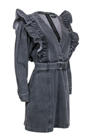 Current Boutique-Magali Pascal - Grey Long Sleeve Belted Denim Dress w/ Ruffle Sz M