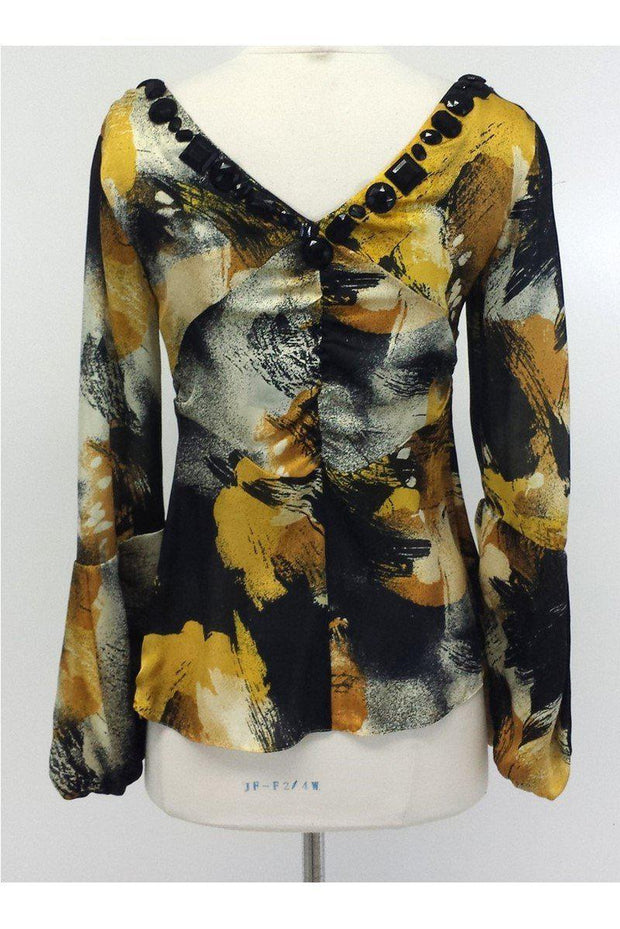 Current Boutique-Magaschoni - Black & Yellow Print Silk Blouse w/ Beaded Neckline Sz S
