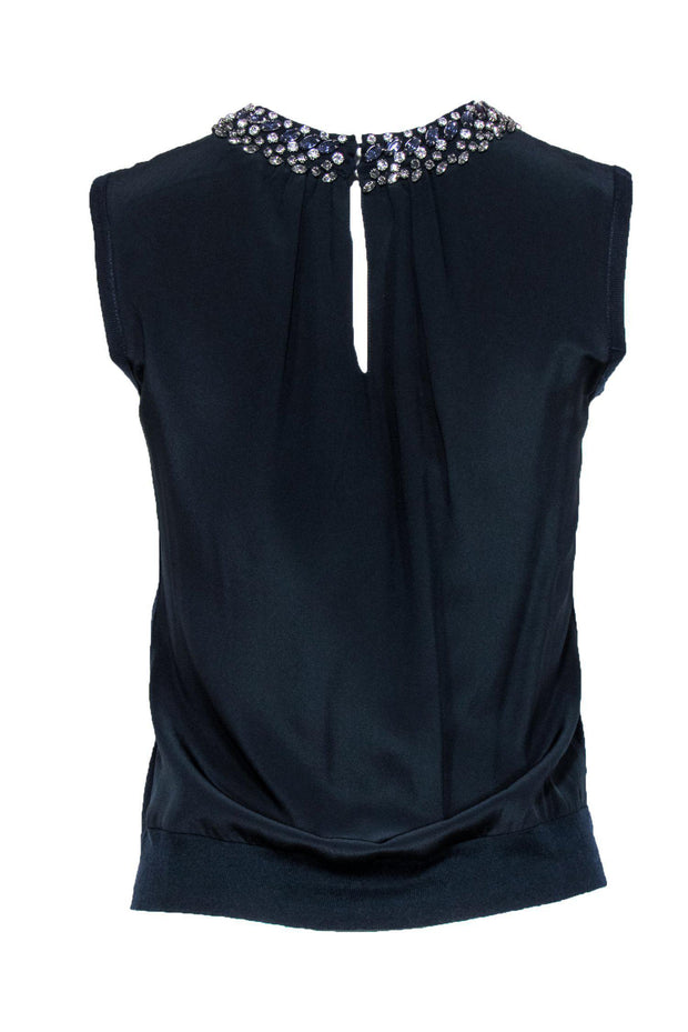 Current Boutique-Magaschoni - Navy Silk & Cashmere Blend Tank w/ Jeweled Collar Sz XS
