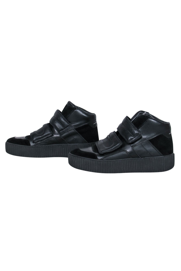 Current Boutique-Maison Martin Margiela - Black Leather & Suede Velcro High Top Platform Sneakers Sz 6
