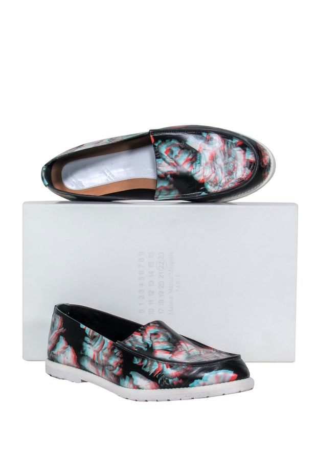 Current Boutique-Maison Martin Margiela - Black & Multicolored 3D Floral Print Loafers Sz 10