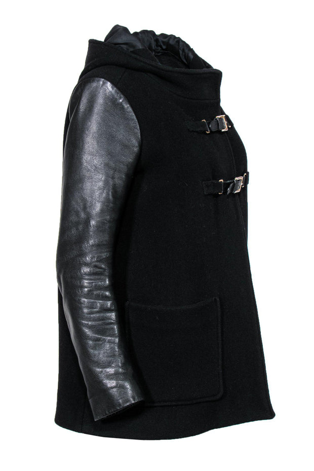 Current Boutique-Maje - Black Buckled Wool Hooded Coat w/ Leather Sleeves Sz L