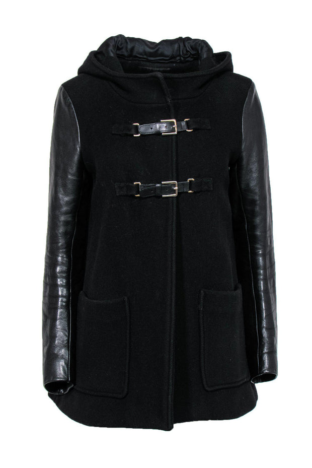 Current Boutique-Maje - Black Buckled Wool Hooded Coat w/ Leather Sleeves Sz L