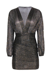 Current Boutique-Maje - Black, Gold & Silver Metallic Draped Long Sleeve Mini Dress Sz 2