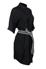 Current Boutique-Maje - Black Short Sleeve Button-Front Shirt Dress w/ Striped Tie Belt OS