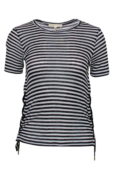 Current Boutique-Maje - Black & White Striped Short Sleeve Tee w/ Side Laces Sz L