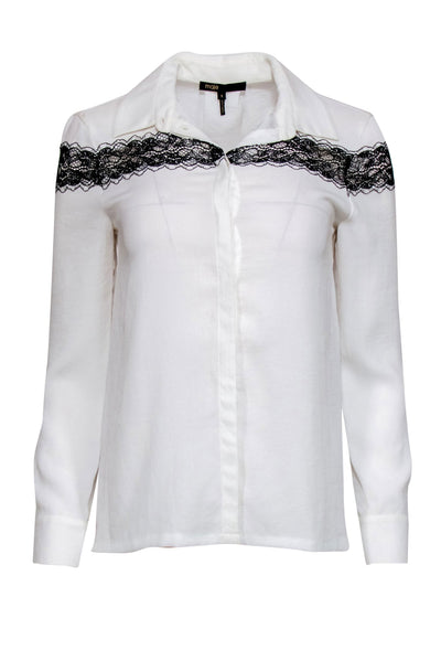 Current Boutique-Maje - White Button-Up Long Sleeve Blouse w/ Lace Trim Sz 4