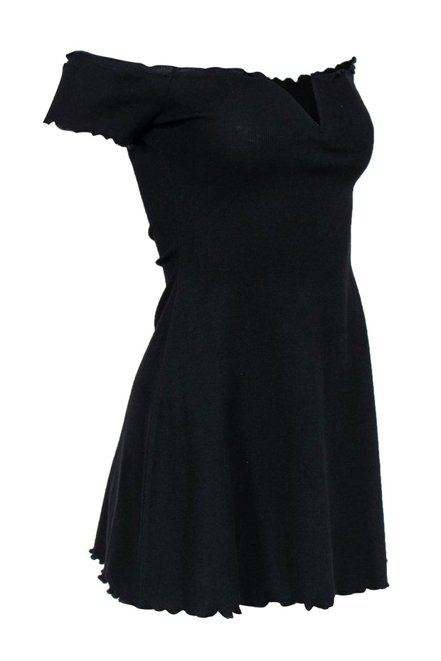 Current Boutique-Majorelle - Black Ribbed Knit Mini Dress w/ Lettuce Edges Sz S